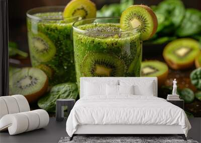 Nutrient-rich green smoothie with kiwi, spinach, and chia seeds, perfect for a healthy diet Wall mural