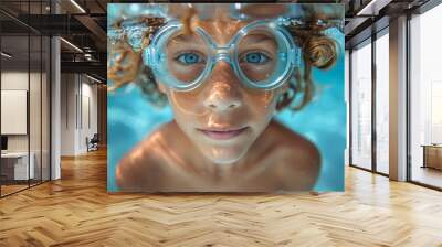 Portrait of a blue-eyed boy with curly hair and goggles underwater in a pool Wall mural