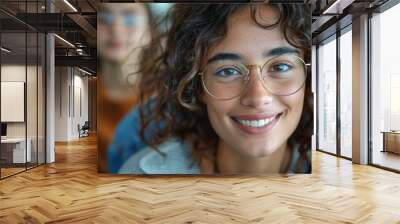 Smiling female with golden glasses in focus, casual setting Wall mural