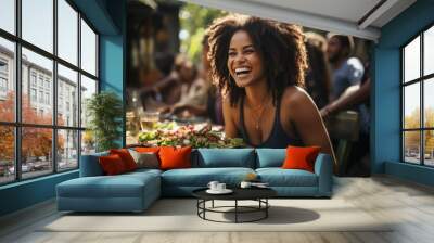 Smiling young lady with white teeths, lunch time Wall mural