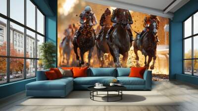 The intensity of horse racing captured in a dynamic shot with jockeys on thoroughbreds splashing through the mud at high speed Wall mural