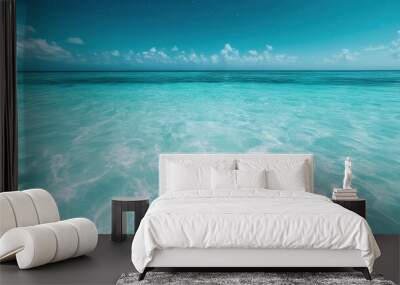 The vast expanse of crystal-clear ocean water stretches to meet the distant horizon, creating a harmonious blend of panoramic beauty and serene tranquility in nature. Wall mural