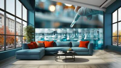 This image shows a laboratory technician meticulously using a pipette with test tubes, representing scientific research, precision in execution, and focus within a laboratory setting. Wall mural