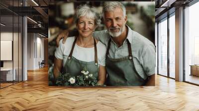 This silver-haired couple in farming wear shares a calm and peaceful embrace while tending to farm flowers, bathed in the soft light of a pastoral setting. Wall mural