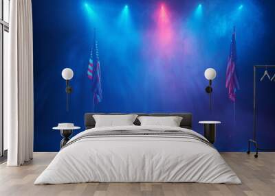 Two American flags backlit by a dramatic array of colorful stage lights, creating a vibrant spectacle Wall mural