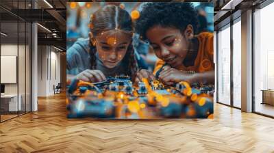 two children immersed in a technological learning experience with glowing circuit boards in a roboti Wall mural