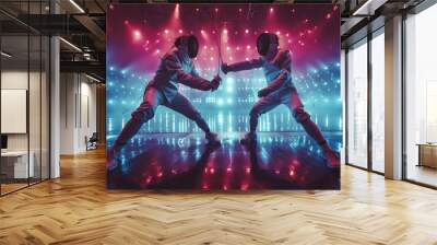 Two fencers in protective gear touching swords in a respectful greeting against a vibrant backdrop of neon lights Wall mural