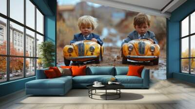 Two young boys intensely race each other in small, yellow toy cars on a muddy track Wall mural