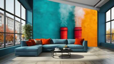 Vibrant red chimney pipes against a teal and yellow wall, releasing contrasting colored smoke Wall mural