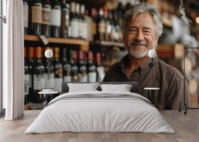 Welcoming portrait of a mature man with a friendly smile in a wine store Wall mural