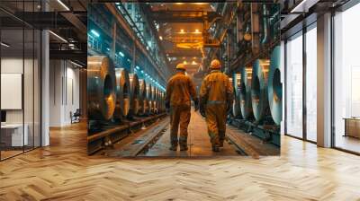 Workers in protective gear walk past giant metal coils in an industrial warehouse, inspecting the materials Wall mural