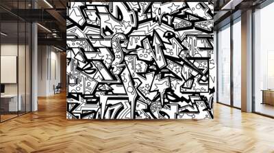 Black and white cartoon pattern on a white background, abstract design, seamless background. Wall mural