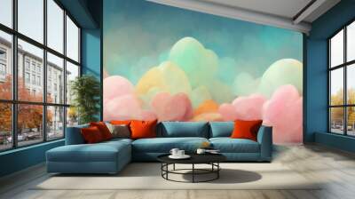 Blur color pastel background. Candy artwork. Blur pink blue yellow color gradient curve shape bubbles clouds abstract design art illustration. Wall mural