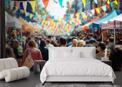 Bustling street market with colorful flags and diverse crowd Wall mural