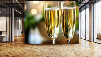 Champagne glasses with sparkling wine, festive backdrop Wall mural