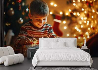 Child with sparkling present, joyful holiday atmosphere Wall mural