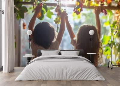 Children decorating sukkah with natural sunlight Wall mural