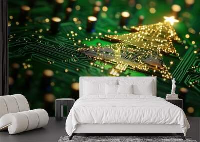 Circuit board with Christmas tree shape and lights Wall mural