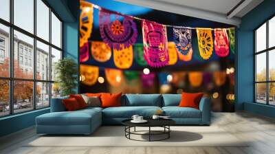 Colorful papel picado adorns night party. Made with Generative AI. Wall mural