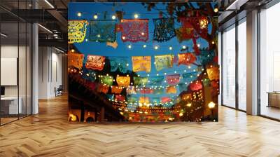 Colorful paper banners and lights adorn a festive outdoor celebration at night. Wall mural