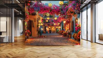 Colorful street adorned for Dia de los Muertos with flowers and Wall mural