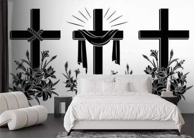 Cross with lilies. Religious Christian Easter Symbol. Set of crosses with lilies  and shroud. Easter Sunday poster design element,  card,  greetings. Isolated black silhouette. Vector illustration Wall mural