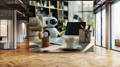 Cute robot working at desk with laptop in modern office Wall mural