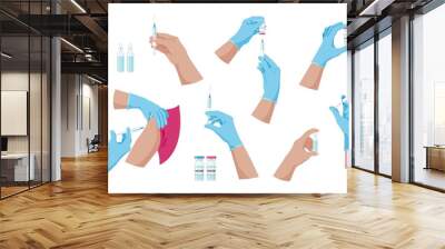 Doctor hands with syringe and ampoule with vaccine or medicine. Doctor hands making an injection. Vaccination and immunization concept. Preventive medicine, treatment. Colorful set. Isolated. Vector Wall mural