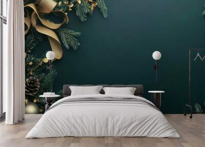 Elegant Christmas border with golden decorations on green Wall mural