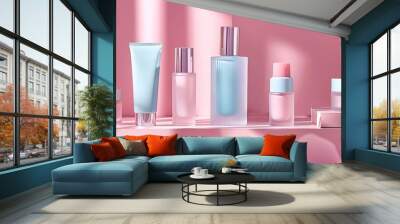 Elegant skincare products displayed on pink geometric podiums wi Wall mural