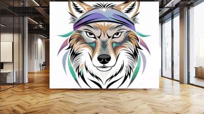 Fierce wolf illustration with headband and vibrant colors for T-shirts Wall mural