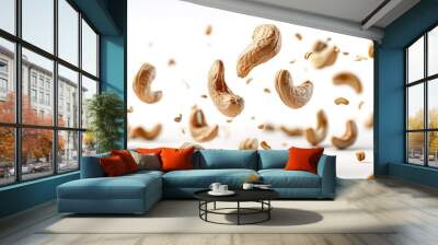 Floating cashew nuts in motion against a white background with s Wall mural