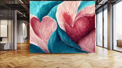 Floral hearts. Romantic background. Valentine Day. Pink red blue color love ornate flowers petals decorative design abstract art illustration. Wall mural