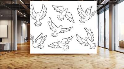 Flying dove sketch vector set. Pigeons set peace and love symbols. Dove with olive branch Christian religious symbol.  Collection of flying and soaring bird logos. Isolated. Vector illustration Wall mural