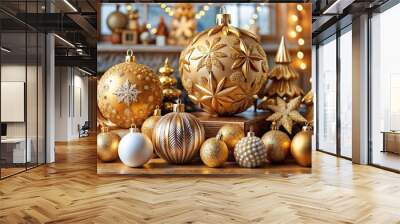 Golden Christmas Ornaments and Decorations in Luxurious Festive Display on Wooden Surface Wall mural