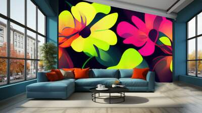 Graphic painting. Flower art. Digital background. Creative illustration of bright neon pink yellow blossom petals pattern. Wall mural