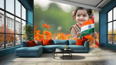 Happy girl with India flag in orange flower field on Independenc Wall mural