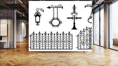 Iron fence with gates, signboards, lanterns and pointers. Metal entrance, street lights and signs in vintage style. Beautiful and sophisticated forged design elements. Isolated silhouette. Vector Wall mural