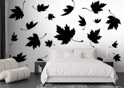 Maple leaves. Autumn background template with flying and falling leaves. Black silhouette. Isolated. Vector Wall mural