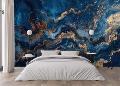 Marble texture swirls in blue and gold, elegant abstract pattern Wall mural