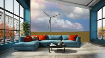 Modern windmills for power supply are installed in an open space in a field. Wall mural