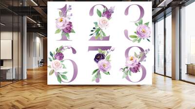 Numbers set with watercolor violet flowers roses and leaf. Perfectly for wedding, birthday invitations, greeting card, logo and other floral design. Hand painting. Isolated on white background.  Wall mural