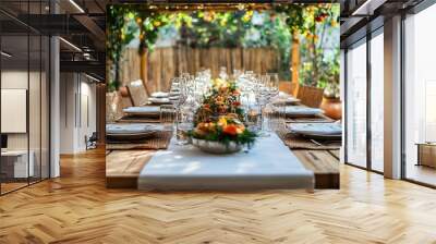 Outdoor festive table setting with natural decor under a sukkah Wall mural