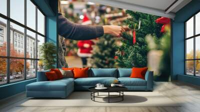 Person decorating festive Christmas tree with red ornaments. Wall mural