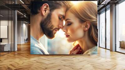 Photorealistic close-up of a gentle kiss on the forehead between a couple in love Wall mural