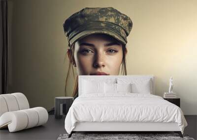 Proud female soldier in camouflage uniform and cap Wall mural