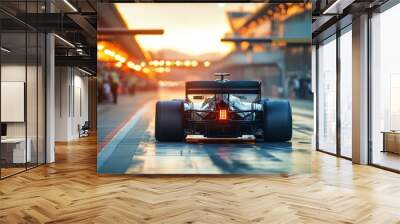 Racing car on track at sunset, pit lane scene Wall mural