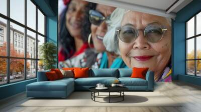 Senior women smiling, colorful attire, glasses, diverse, joyful. Wall mural