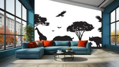 Silhouette of animals and birds in the savannah. African landscape scene. Vector horizontal seamless tropical background with rhinos, giraffes and flying birds. Black isolated silhouette Wall mural