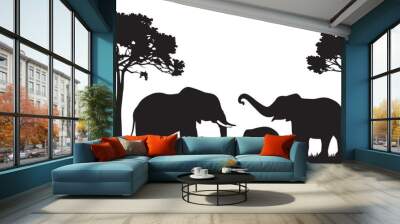 Silhouette of animals in the savannah. African landscape scene. Vector horizontal seamless tropical background with elephants, giraffes and lion. Black isolated silhouette Wall mural